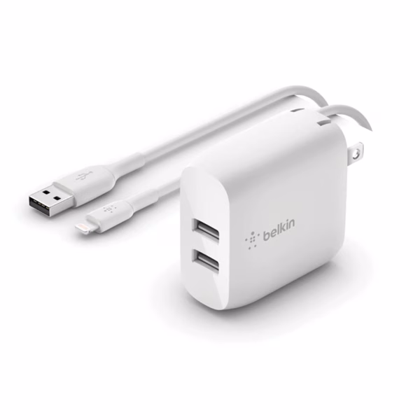 Belkin BoostCharge Dual USB-A Car Charger 24W + Lightning to USB-A Cable (1M) - White (WCD001au1MWH)