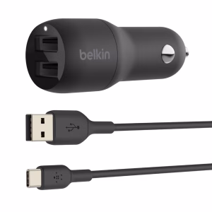 Belkin BoostCharge Dual USB-A Car Charger 24W + USB-A to USB-C Cable (1M)-Black (CCE001bt1MBK)
