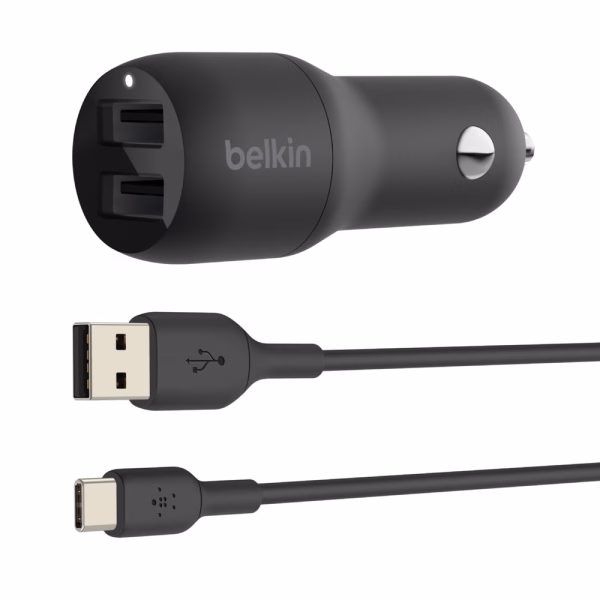 Belkin BoostCharge Dual USB-A Car Charger 24W + USB-A to USB-C Cable (1M)-Black (CCE001bt1MBK)