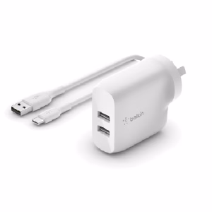 Belkin BoostCharge Dual USB-A Car Charger 24W + USB-A to USB-C Cable (1M) - White (WCE001au1MWH)