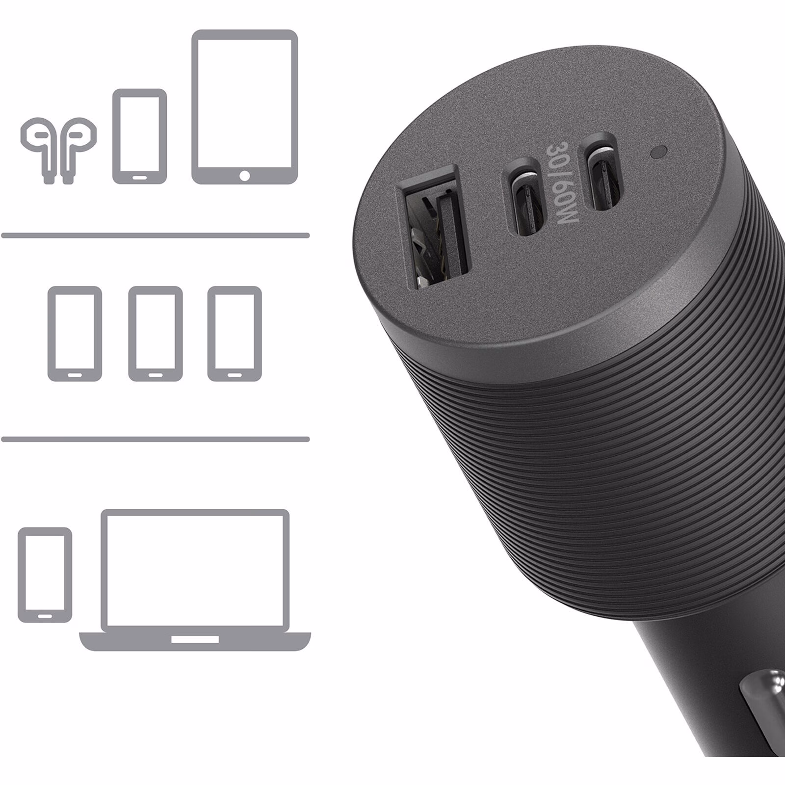 OtterBox 72W USB-C Triple Port Premium Pro Fast Car Charger Black