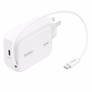 Belkin UltraCharge Retractable 45W USB-C GaN Wall Charger White